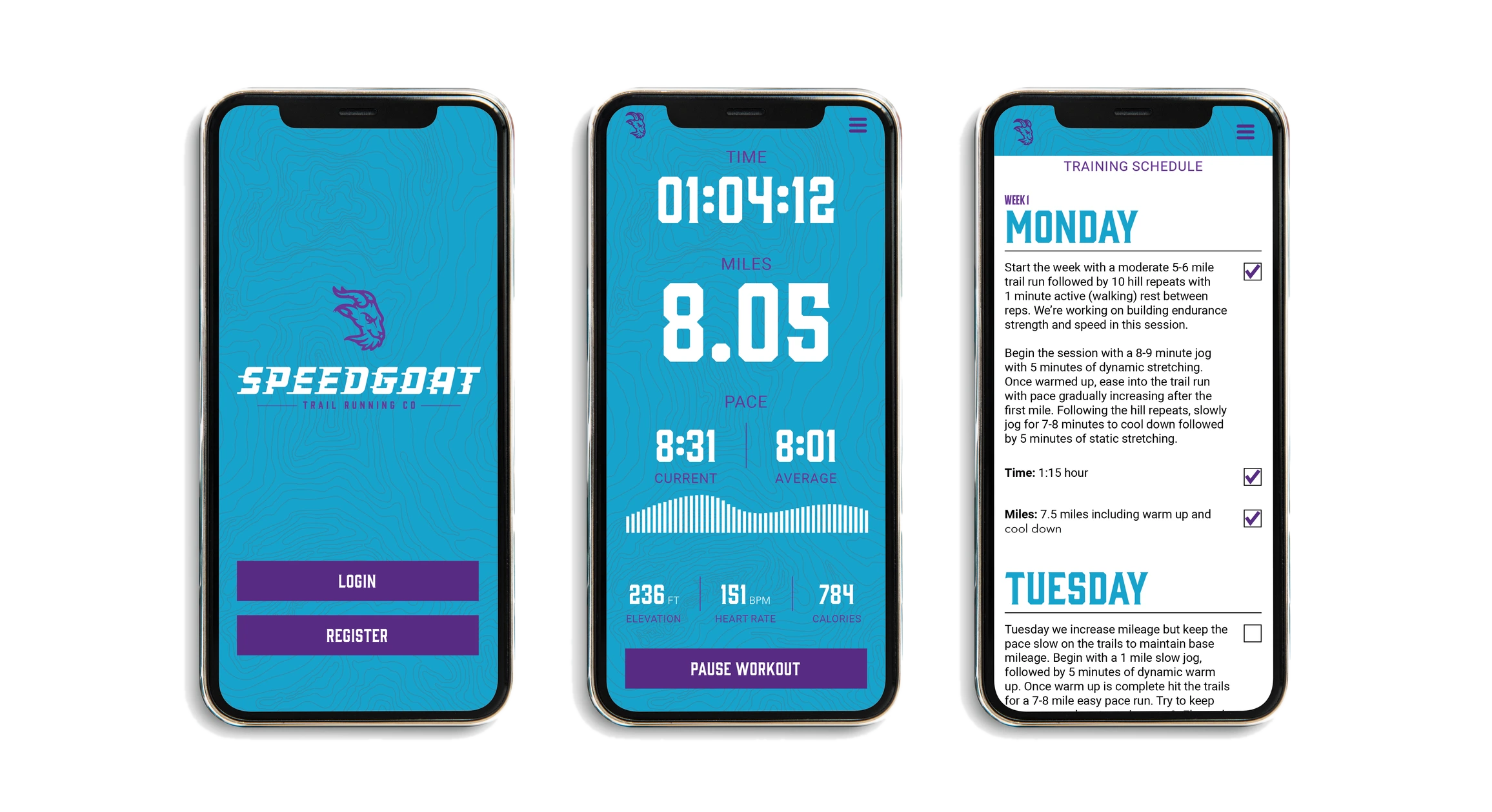 Three Speedgoat app design mockups showing login, run tracking and a training schedule.