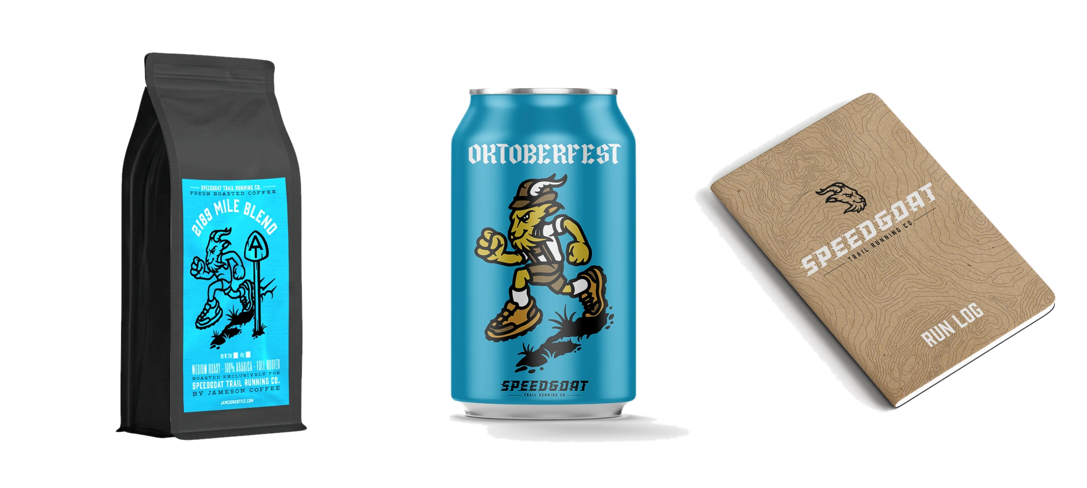 Speedgoat Goatman brand mockups on a coffee bag, an Oktoberfest can and a run log.