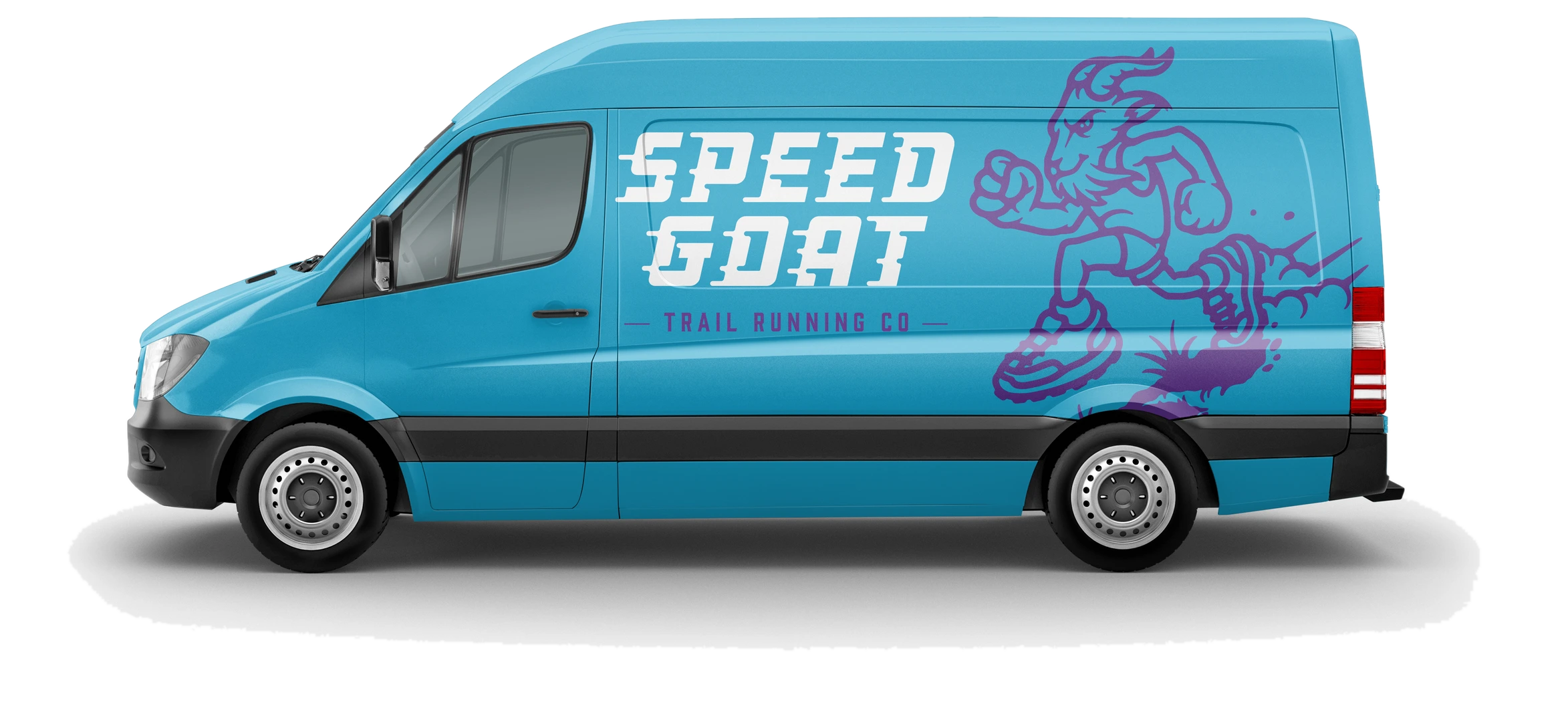 Speedgoat Trail Running Co. van wrap with the Speedgoat wordmark and the Goatman mascot